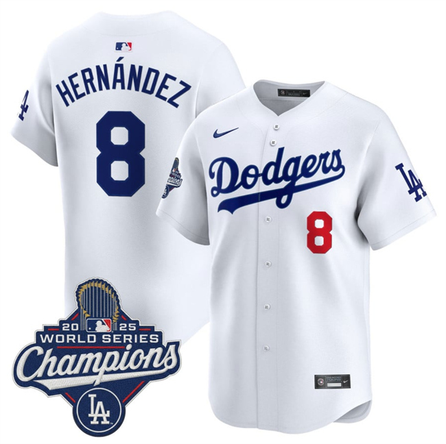 Men's Los Angeles Dodgers #8 Enrique Hernandez White 2025 World Series Champions Patch Home Limited Stitched Baseball Jersey